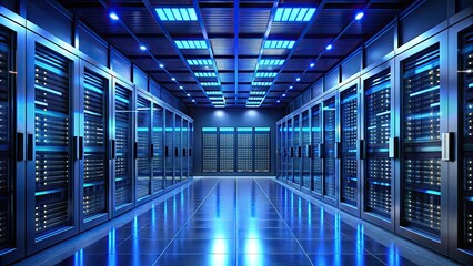 Countless modern server cabinets in a render farm. Dark, blue futuristic room, server, cabinets, render farm