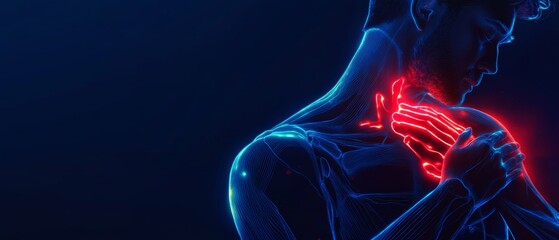 A medical illustration of shoulder pain, the hands and arms in blue with glowing outlines on them holding an Irishman's hand over his chest that has red lighting coming from it. The background is dark