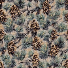 Fototapeta premium Rustic Illustration of a Spruce Pine Conifer Tree Seamless Pattern Texture