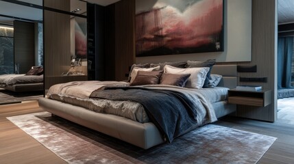 A modern bedroom showcasing a large bed with plush pillows,