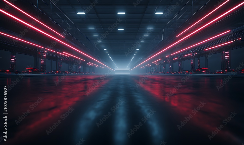 Aufkleber a futuristic, industrial scene with glowing red laser beams in a dark, reflective environment, creat