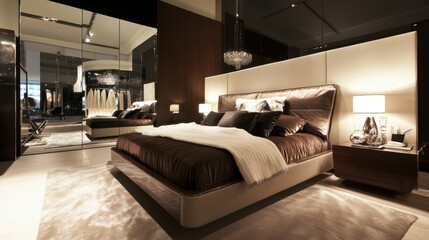 A modern bedroom with a spacious layout, featuring a cozy bed,