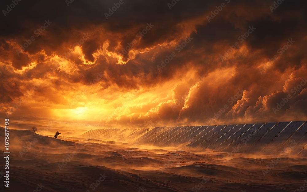 Poster a dramatic sunset casts vibrant colors over a vast landscape, highlighting a distant structure and s
