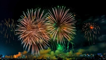 Fireworks new years celebration 2026, abstract transparent background, holiday festive season party city event. Warm yellow gold colourful star fire display illuminate night sky. 3d modern digital art