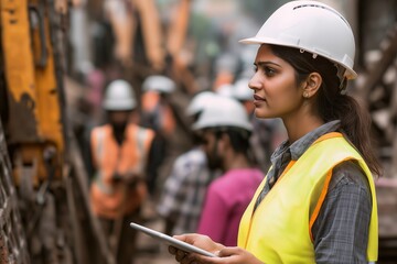 Indian female construction worker using tablet on site, promoting technology and leadership in construction