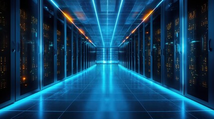 Fototapeta premium Server Room with Blue Neon Lights