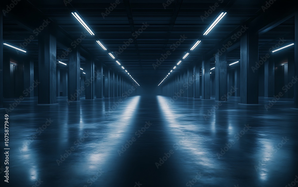 Poster a dimly lit industrial space with concrete pillars and a glossy floor, illuminated by cool blue ligh