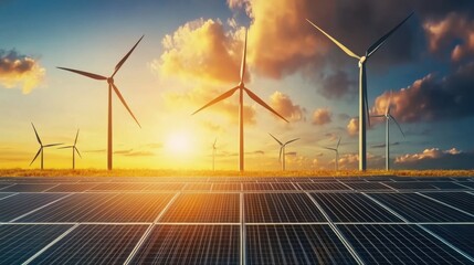 A peaceful, golden sunset illuminating a vast field of solar panels