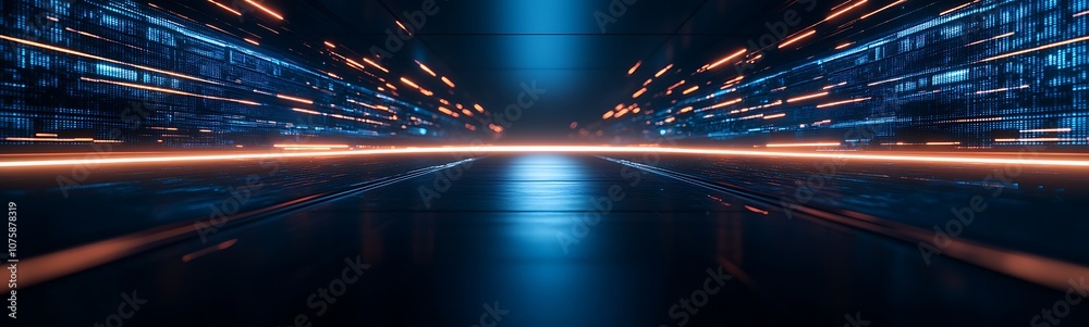 Poster a futuristic scene featuring blue digital lights and smooth reflections, creating an illusion of dep