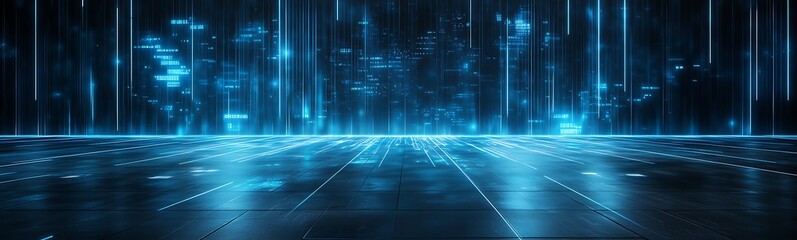 A futuristic digital landscape illuminated by blue light, featuring vertical lines and a sleek, reflective surface.