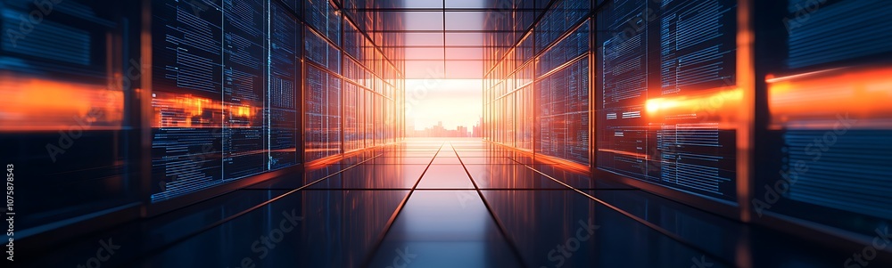 Poster a futuristic data center corridor with glowing lights and a sleek, modern design, conveying a sense 