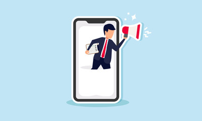 businessman emerging from a smartphone holding a to-do list and speaking through a megaphone, illustration of a leader giving directions on tasks for the team
