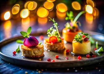 Exquisite Closeup of a Chef's Tasting Menu Plate Featuring a Trio of Delicate Bites with Unique Flavors and Textures Under Soft Night Lighting