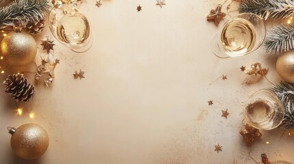 A festive arrangement with glasses, ornaments, and pine, perfect for holiday celebrations.