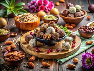 Fototapeta premium Fashion Photography Featuring Delicious Dates and Nuts Energy Balls Perfect for Health-Conscious Snacks and Stylish Culinary Presentations