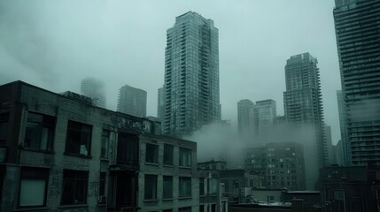 Fototapeta premium Foggy urban skyline with towering buildings.