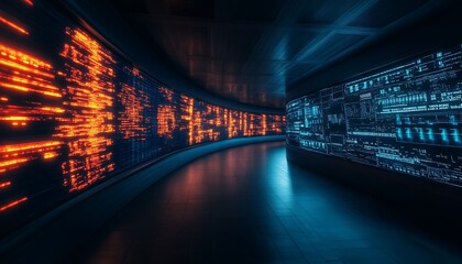 A futuristic corridor illuminated by glowing data streams in orange and blue hues, creating a dynamic and immersive digital environment.