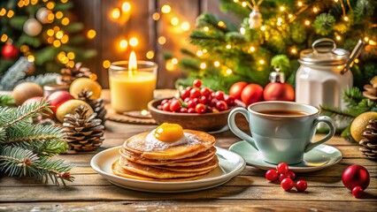 Fototapeta premium Festive Christmas Day Breakfast Spread Featuring Pancakes, Eggs, and Hot Cocoa in Cozy Low Light Ambiance
