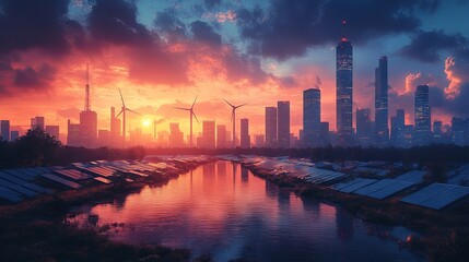 Sunset over urban wind turbines and solar panels modern city skyline environmental landscape serene water reflection eco-friendly concept