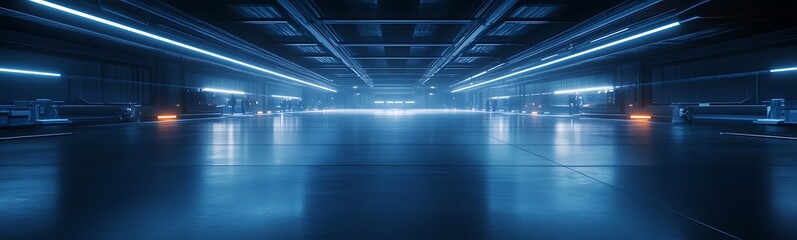 A futuristic, illuminated space featuring blue lights, suggesting advanced technology or a sci-fi environment.