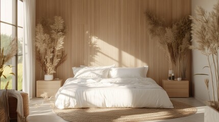 Cozy bedroom with natural decor and warm lighting.