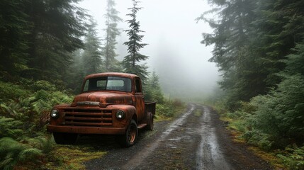 A rusted truck sits alone on an overgrown dirt road in a misty forest,