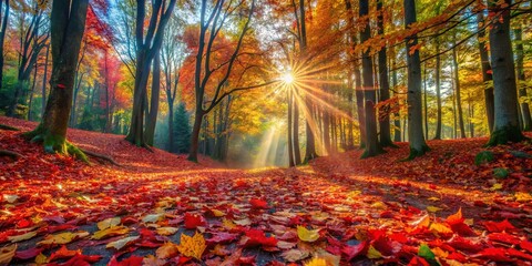 A Pathway Through a Forest Bathed in the Golden Light of a Setting Sun, With a Carpet of Vibrant Red, Yellow, and Orange Leaves