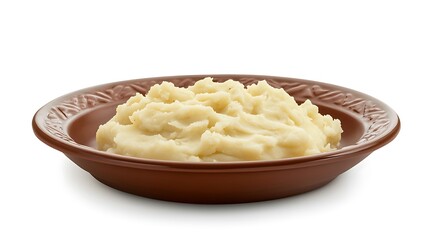 A serving of creamy mashed potatoes in a brown dish, ready to be enjoyed as a side dish.