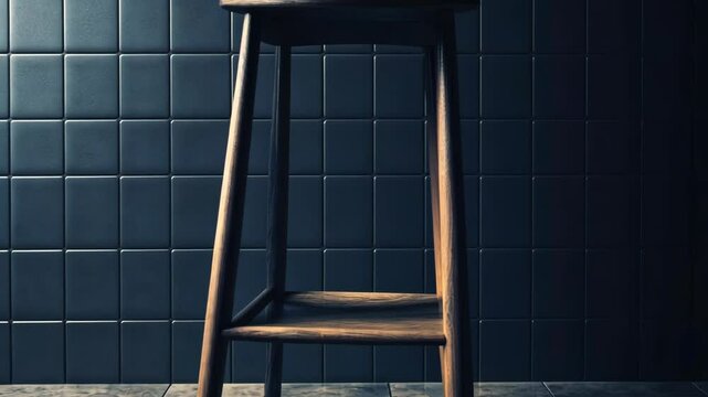 A wooden stool stands against a wall of dark gray tiles