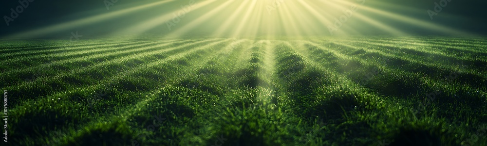 Poster a serene landscape illuminated by sunlight, showcasing lush green grass with sunrays piercing throug