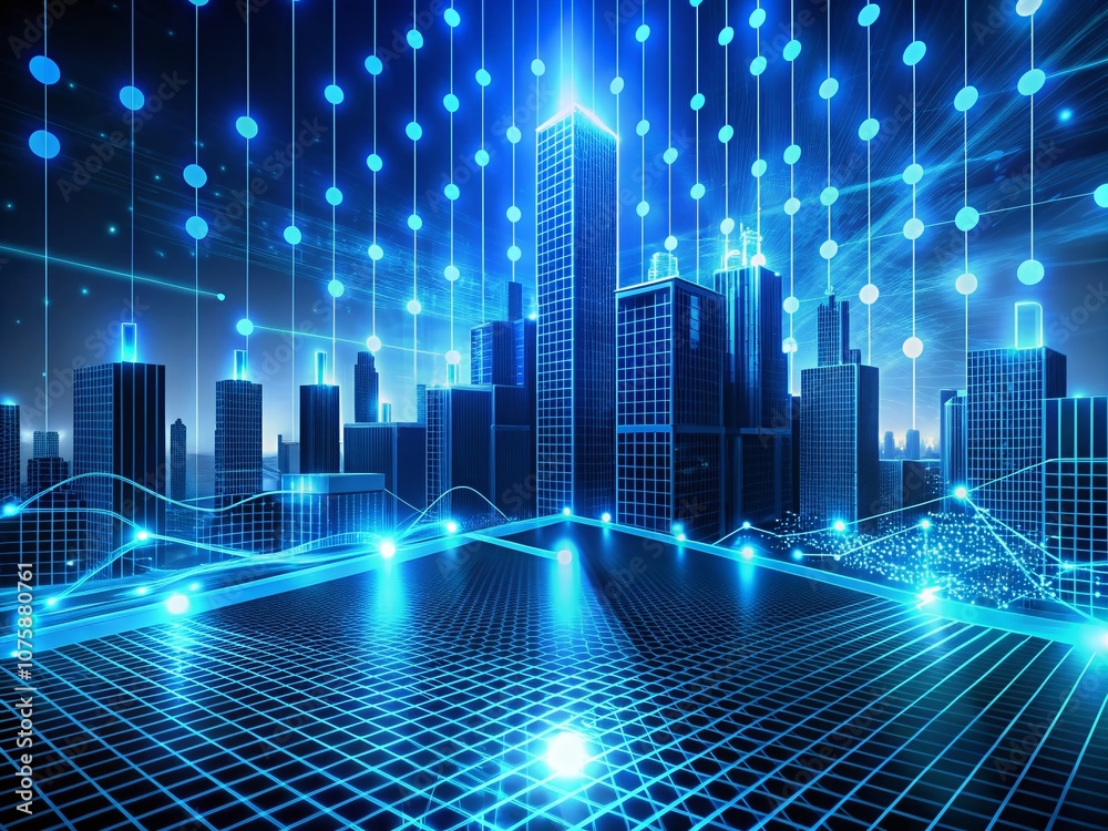 Poster futuristic blue technology design showcasing circuit grid lines and connected waveforms in an abstra