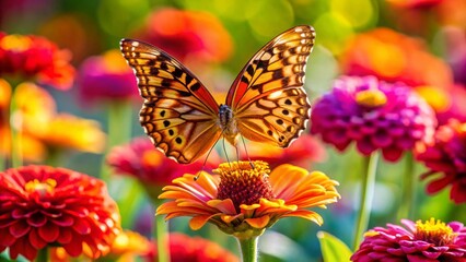 Obraz premium Great Spangled Fritillary Butterfly Resting on Vibrant Zinnia Flower in a Colorful Summer Garden Scene, Capturing Nature's Beauty and Serenity with Detailed Close-Up Focus