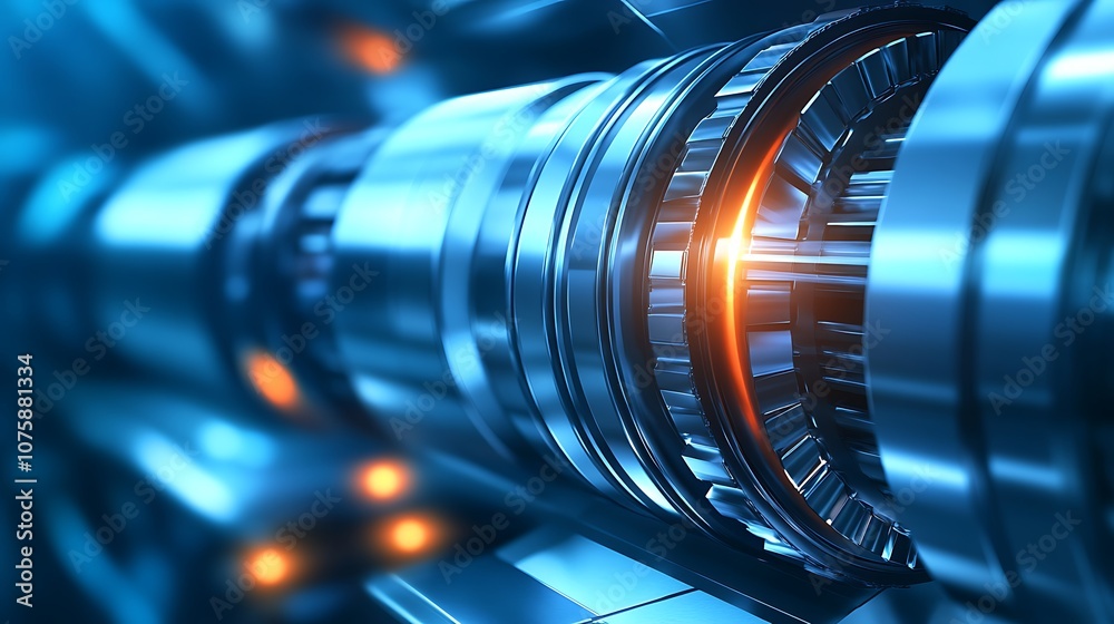 Poster A close-up view of a futuristic machine component, showcasing intricate metallic details and glowing elements in blue and orange tones.