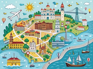 Fototapeta premium Hand-Drawn Illustrated Map of Lisbon Featuring Famous Landmarks and Symbols for Custom Cute Design Suitable for Journals, Posters, Books, and Prints