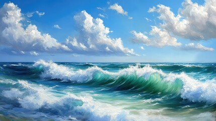 Bright ocean waves roll under a blue sky, capturing tranquility and coastal beauty