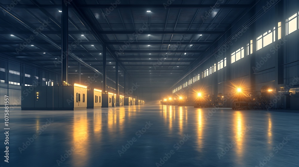 Poster a vast, industrial warehouse with polished concrete floors reflecting warm light from overhead fixtu