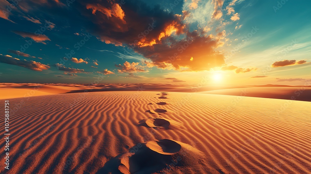 Canvas Prints A serene desert landscape at sunset, showcasing footprints in the sand beneath a colorful sky.