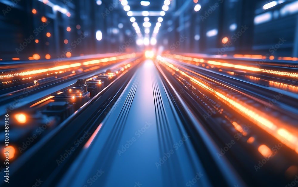 Leinwandbilder A dynamic perspective of glowing lines representing data flow in a high-tech environment, showcasing motion and illumination in a futuristic setting.