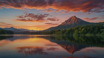 Obraz premium for screen window computer, image of mountain landscape at sunset, with rugged peaks and dense green forests reflected in a calm lake. 