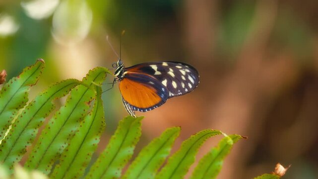 Tiger longwing butterfly sitting on a green plant. Slow motion, close up. 