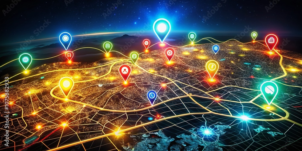 Poster illuminated digital map showcasing gps location pins and connectivity routes at night, perfect for t