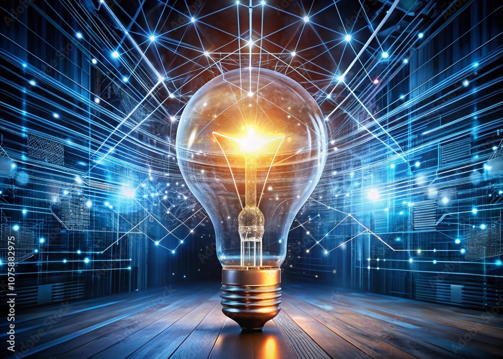 Poster illuminating innovation: a double exposure of a glowing lightbulb merging with a digital interface f