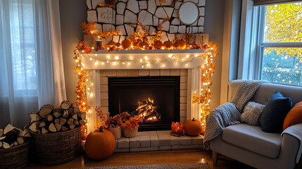 A fireplace mantel decorated with string lights, mini pumpkins, and an autumn garland, with a basket of firewood and a cozy chair nearby 
