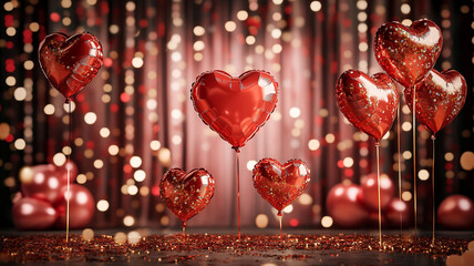 Colorful heart-shaped balloons create a festive atmosphere for a romantic celebration at night