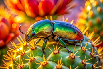 Fototapeta premium Kerns Flower Scarab Euphoria kernii Resting on a Prickly Pear Cactus Under the Afternoon Sunlight, Showcasing Nature's Intricate Beauty and Vibrant Colors in Macro Photography