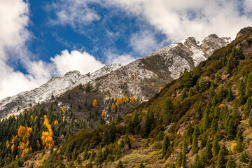 Obraz premium Snow mountains with autumn landscapes in the west of Sichuan province, Daerpu area, Xiaojin County, Ngawa Tibetan and Qiang Autonomous Prefecture, China