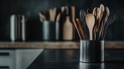 19.A detailed close-up of kitchen utensils placed in a metal holder on a dark countertop. The utensils include a mix of wooden spoons, stainless steel spatulas, and whisks, all arranged neatly, with