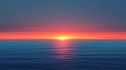 Fototapeta premium A stunning sunset over a calm ocean, showcasing vibrant hues of orange and blue reflecting on the water's surface.