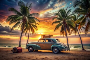 Long Exposure of Vintage Car with Surfboards and Luggage by Palm Trees on a Scenic Beach at Sunset, Capturing the Essence of a Relaxed Outdoor Adventure and Summer Vibes