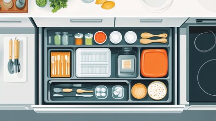 66.A flat design of an open kitchen drawer, revealing a system of plastic storage boxes containing various kitchen items, from utensils to small jars. The boxes fit perfectly in the drawer, creating